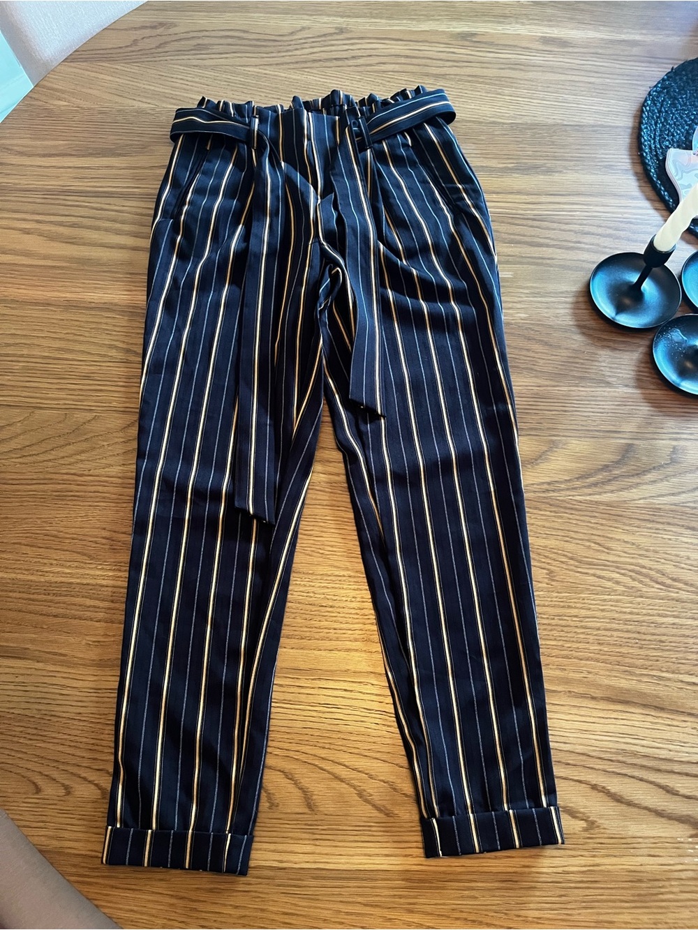 Charlotte Russe Navy and White Pinstripe Paperbag Waist Pants
